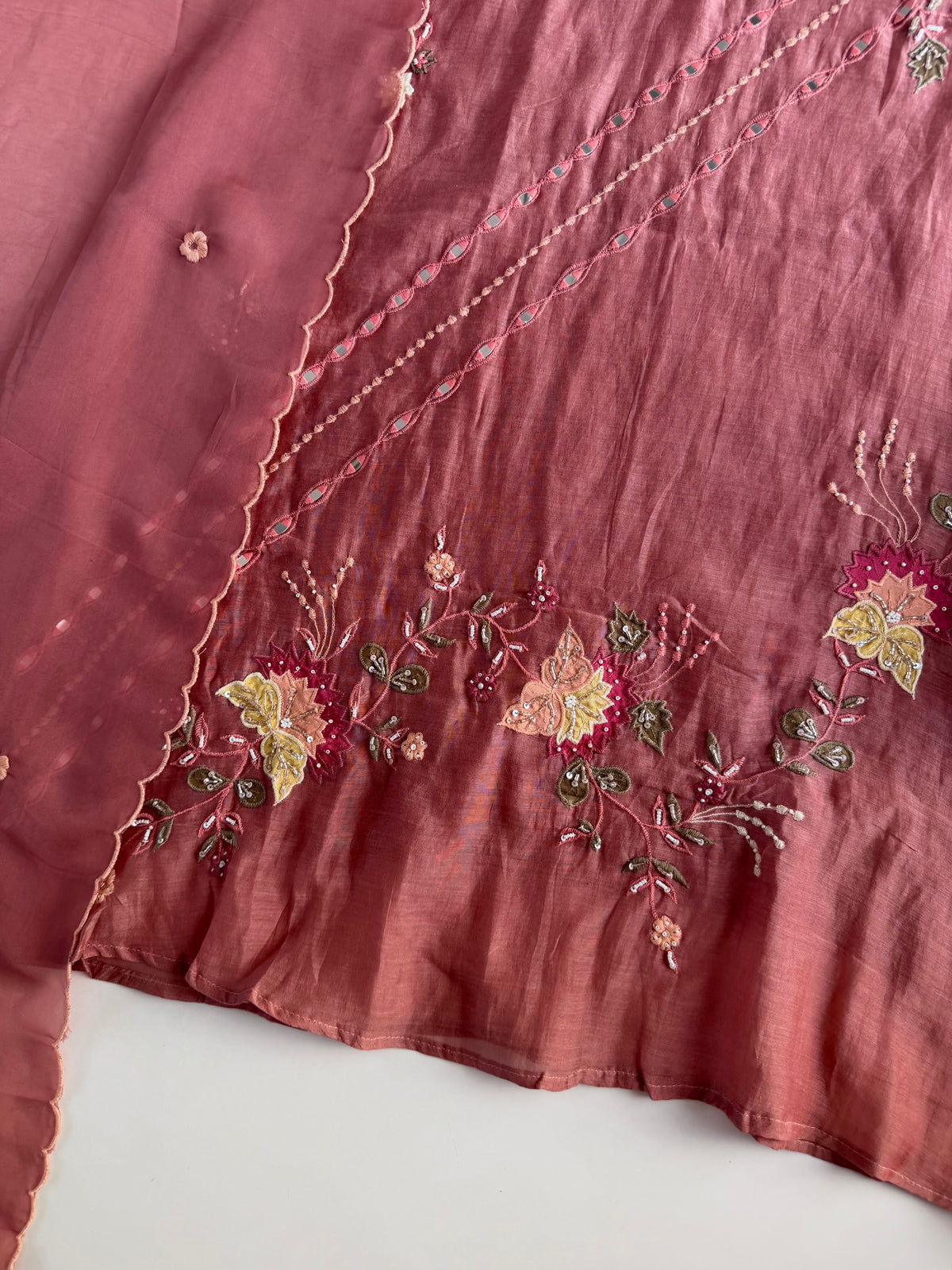 K640 - Pure Banarasi mul chanderi floral handwork aline Kurti with pants and dupatta