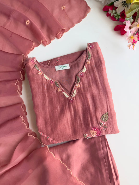 K640 - Pure Banarasi mul chanderi floral handwork aline Kurti with pants and dupatta