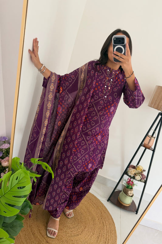 K366 - Mul cotton bandhini farshi salwar with pants and dupatta