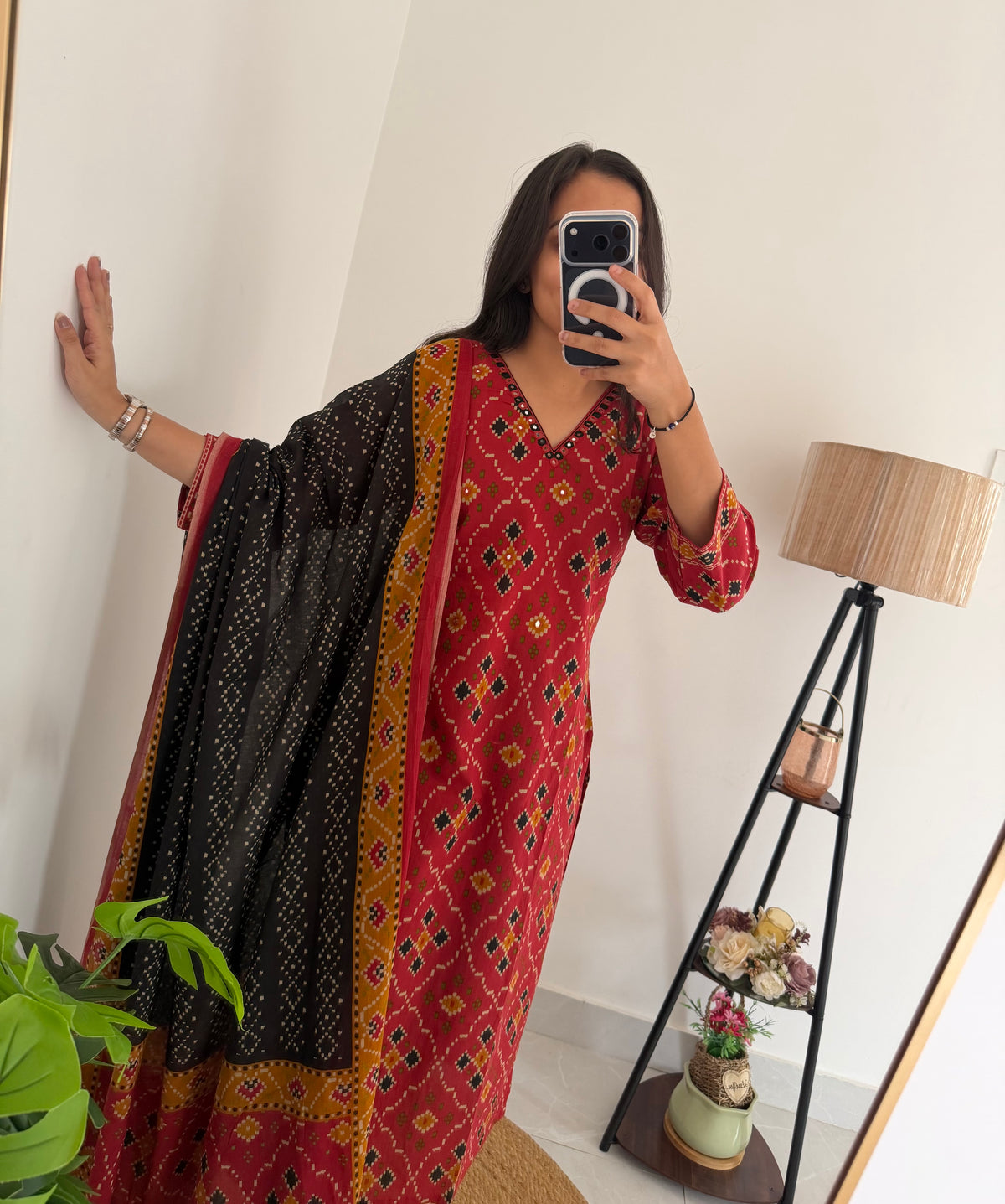 K081 - Mul cotton ikkat mirror work straight Kurti with pants and dupatta