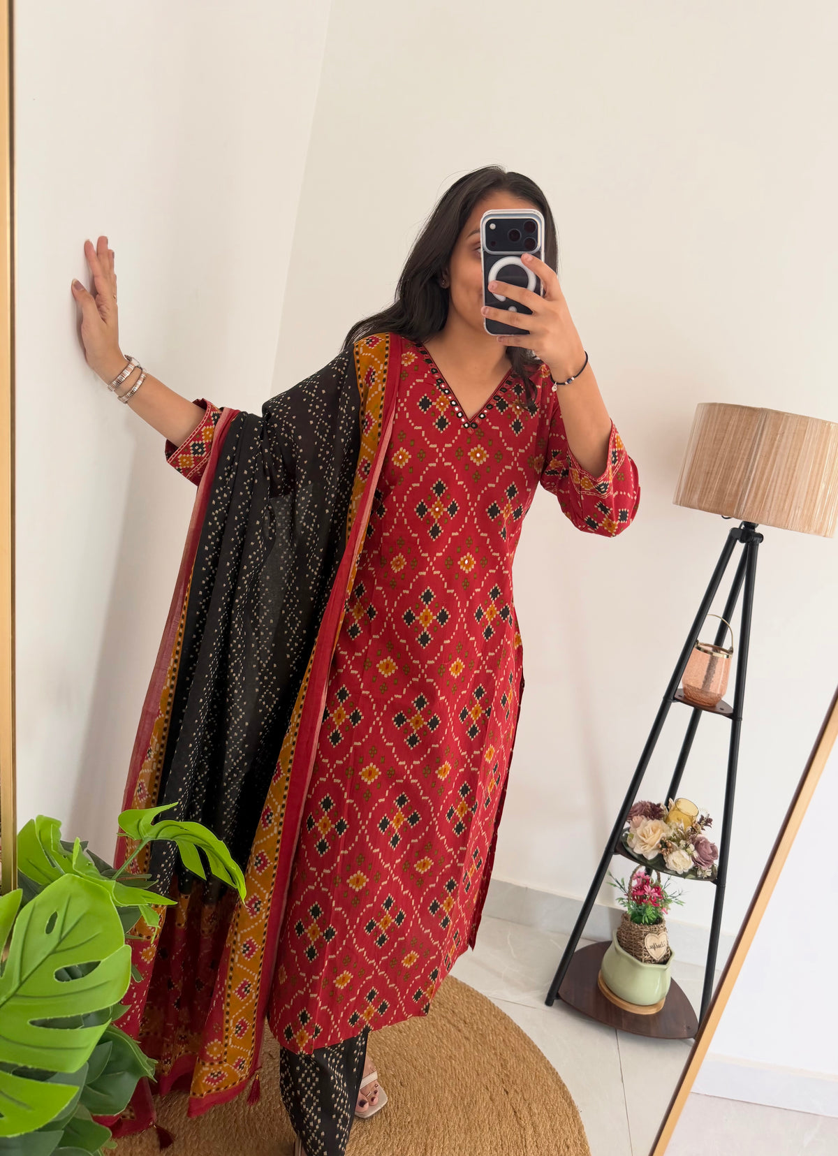 K081 - Mul cotton ikkat mirror work straight Kurti with pants and dupatta