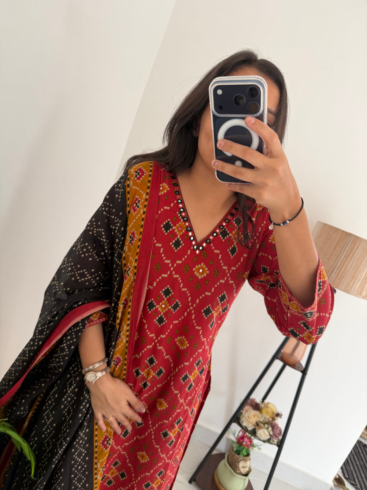 K081 - Mul cotton ikkat mirror work straight Kurti with pants and dupatta