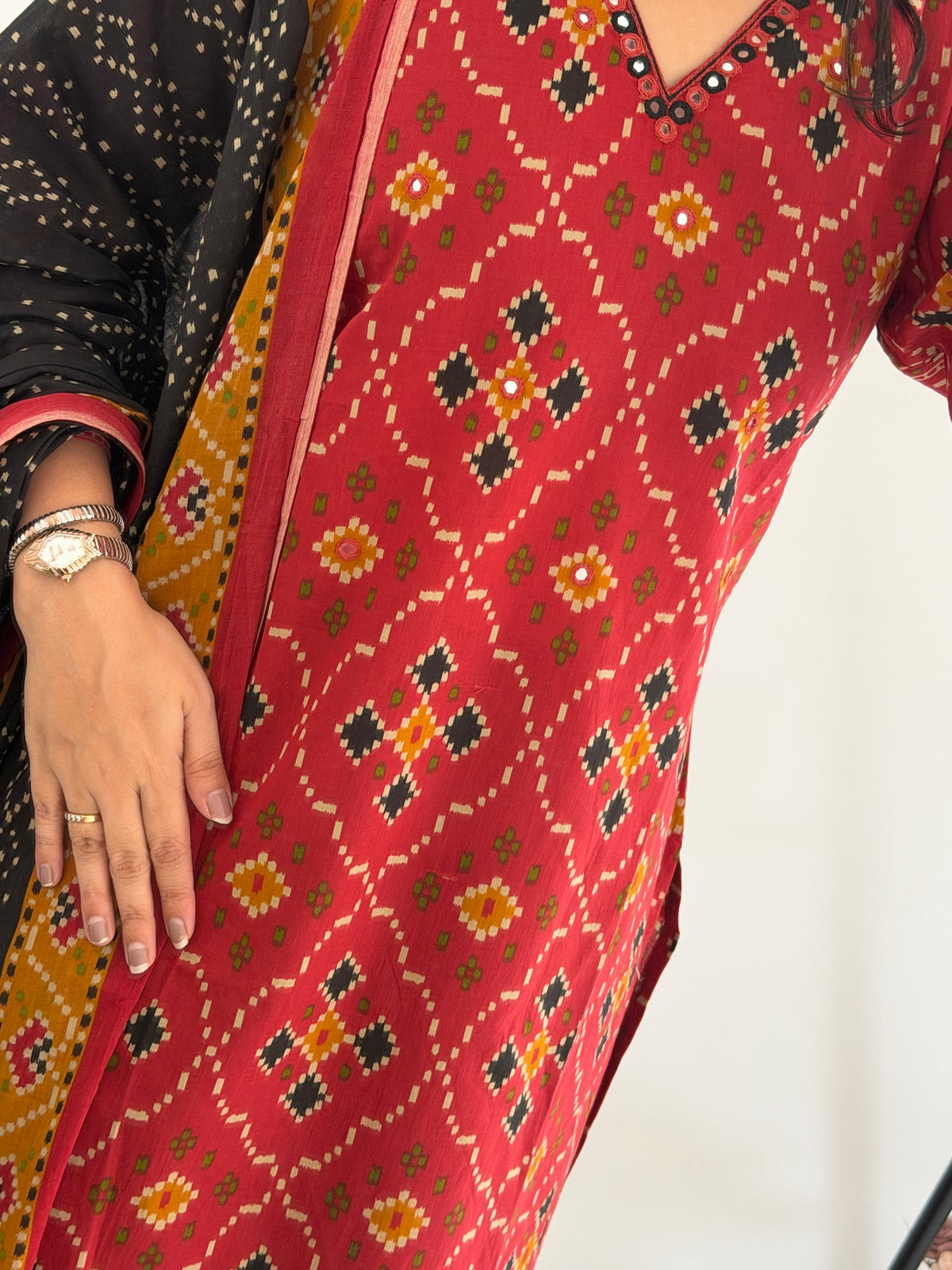 K081 - Mul cotton ikkat mirror work straight Kurti with pants and dupatta