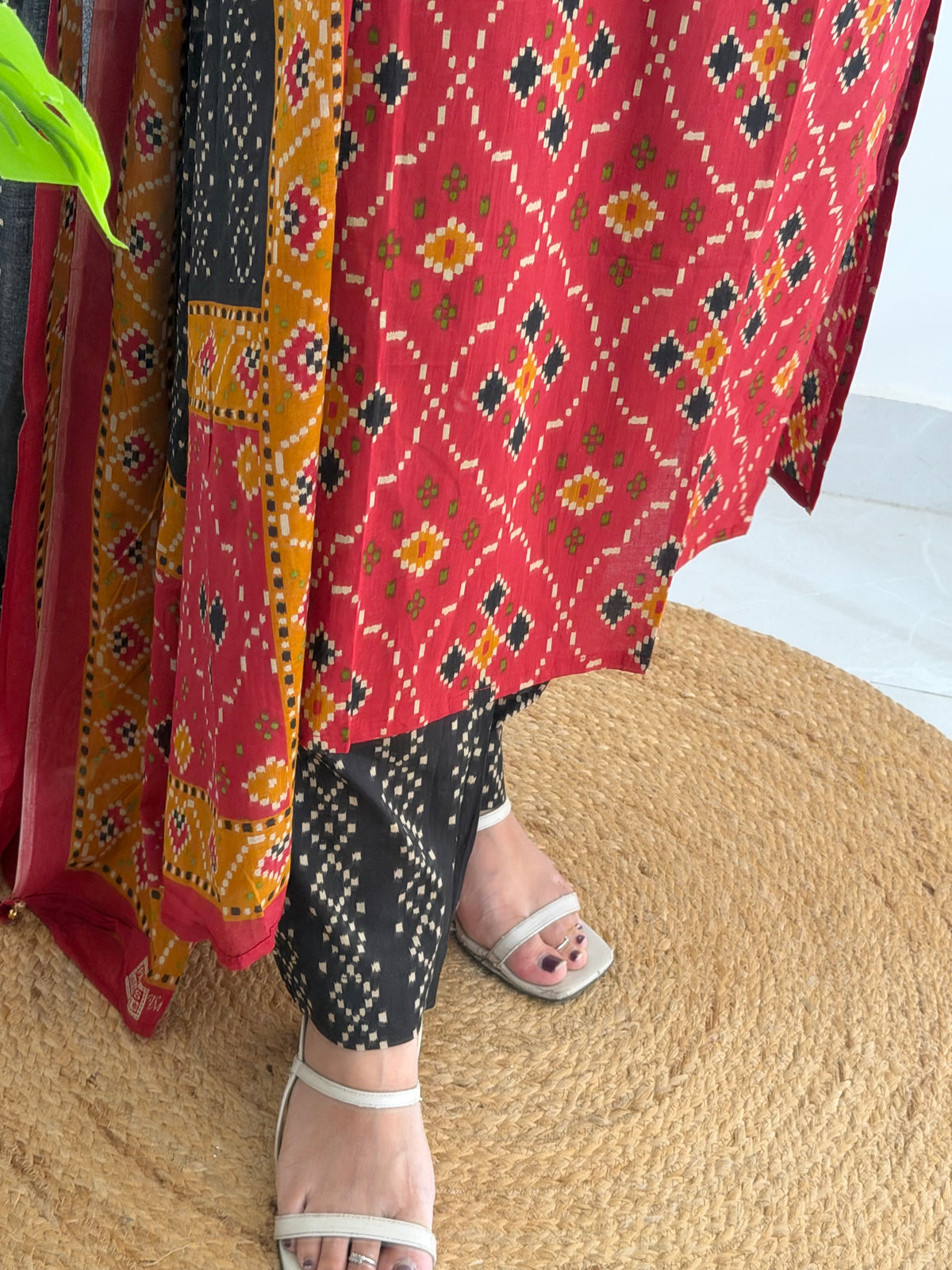 K081 - Mul cotton ikkat mirror work straight Kurti with pants and dupatta