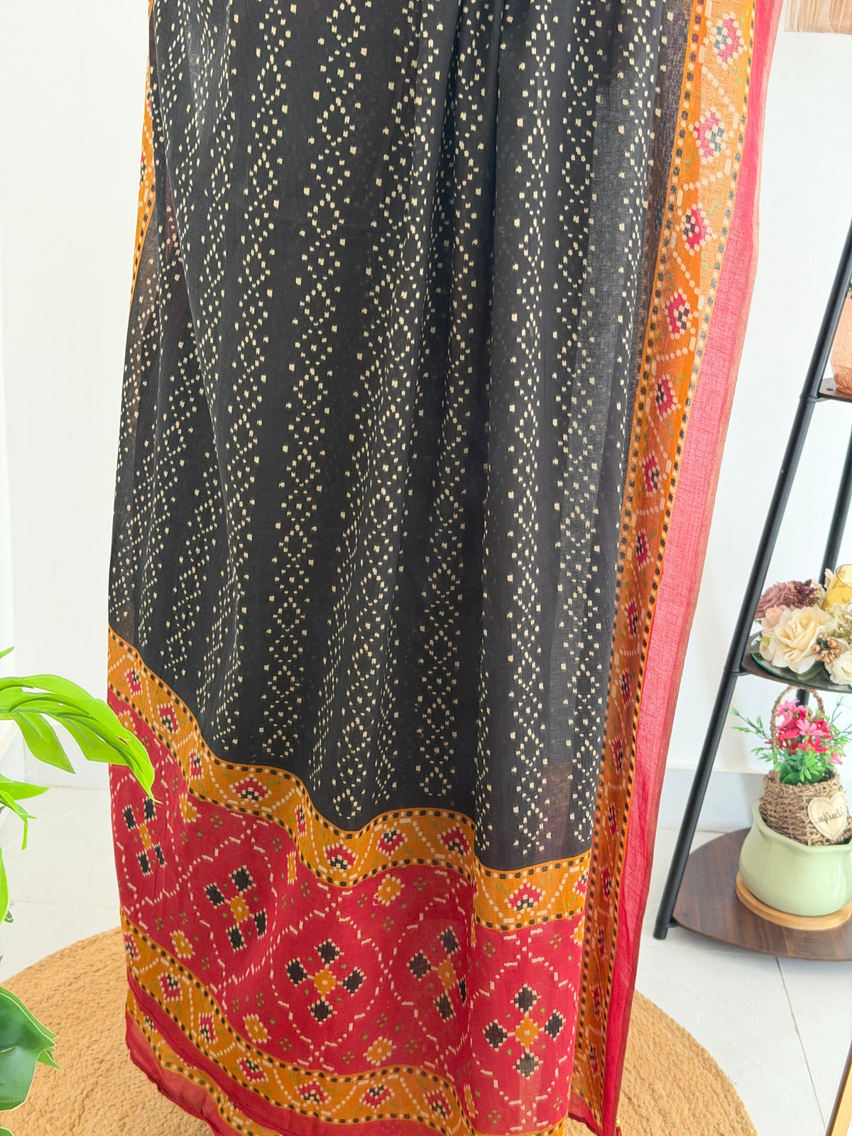 K081 - Mul cotton ikkat mirror work straight Kurti with pants and dupatta