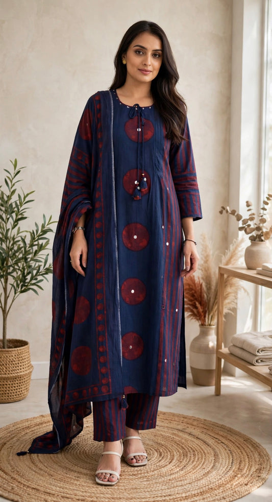 K075 - Mul cotton printed Aline Kurti with pants and dupatta