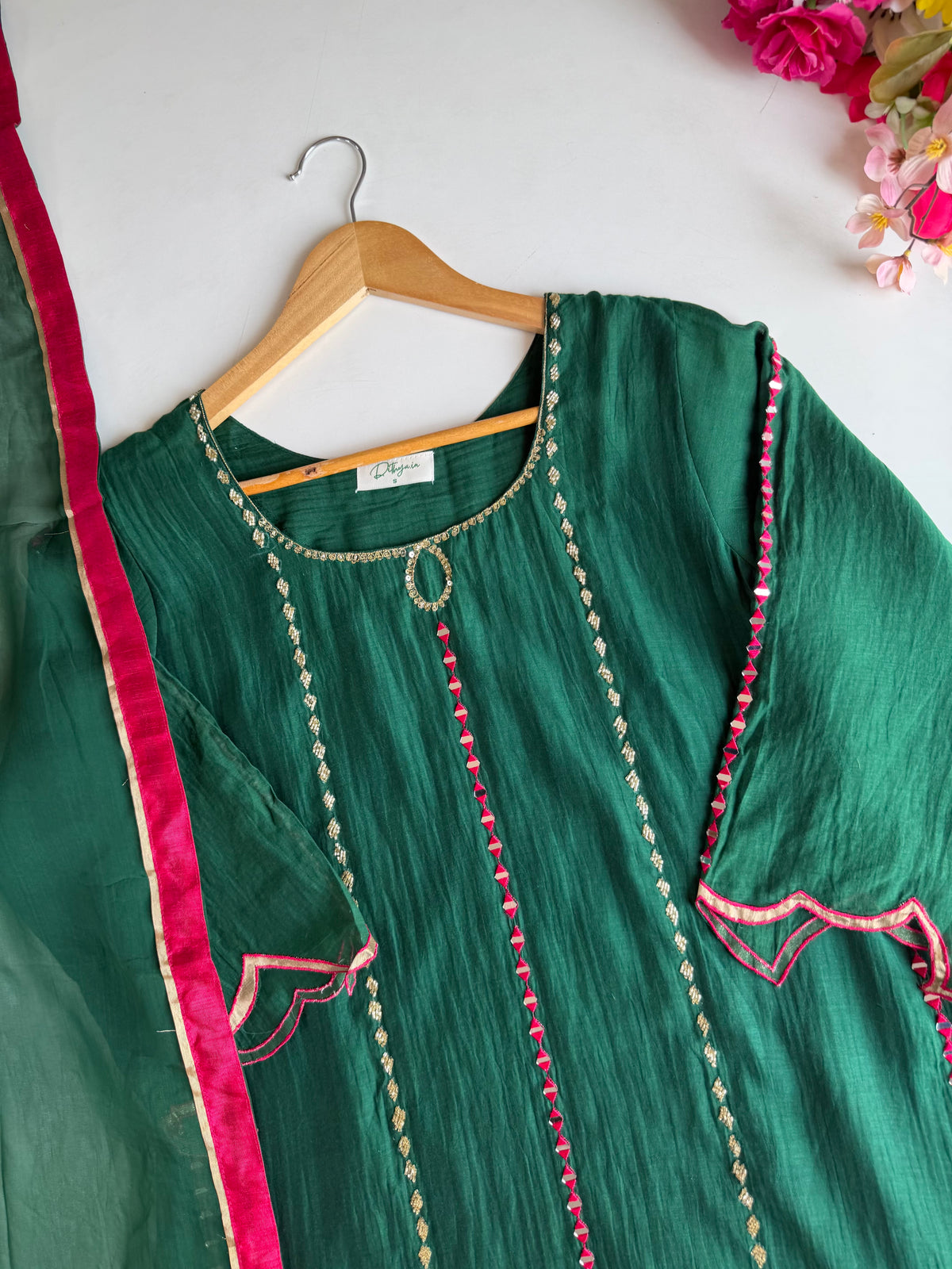 Pure Mul chanderi handwork Aline Kurti with pants and dupatta - view 5
