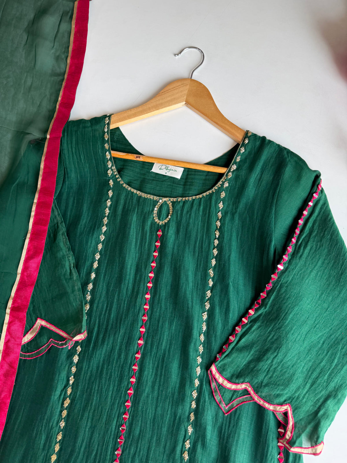 Pure Mul chanderi handwork Aline Kurti with pants and dupatta - view 4
