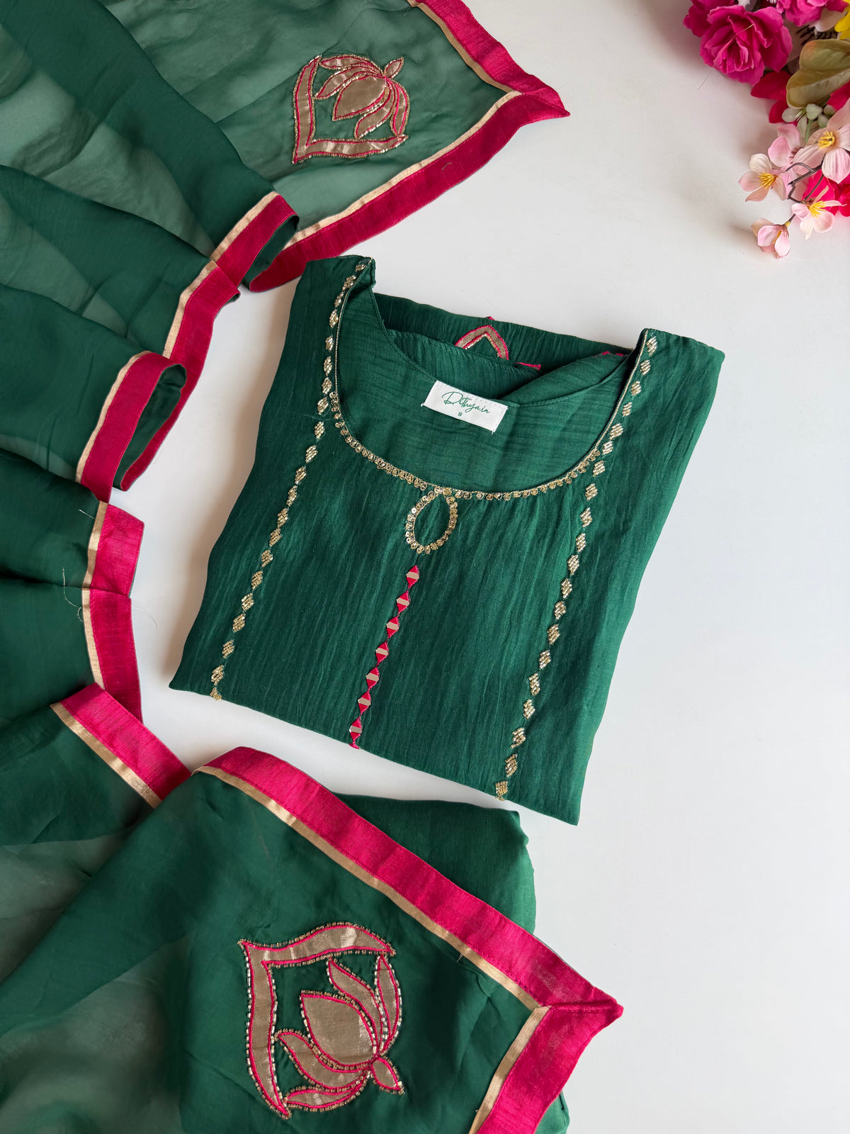 Pure Mul chanderi handwork Aline Kurti with pants and dupatta
