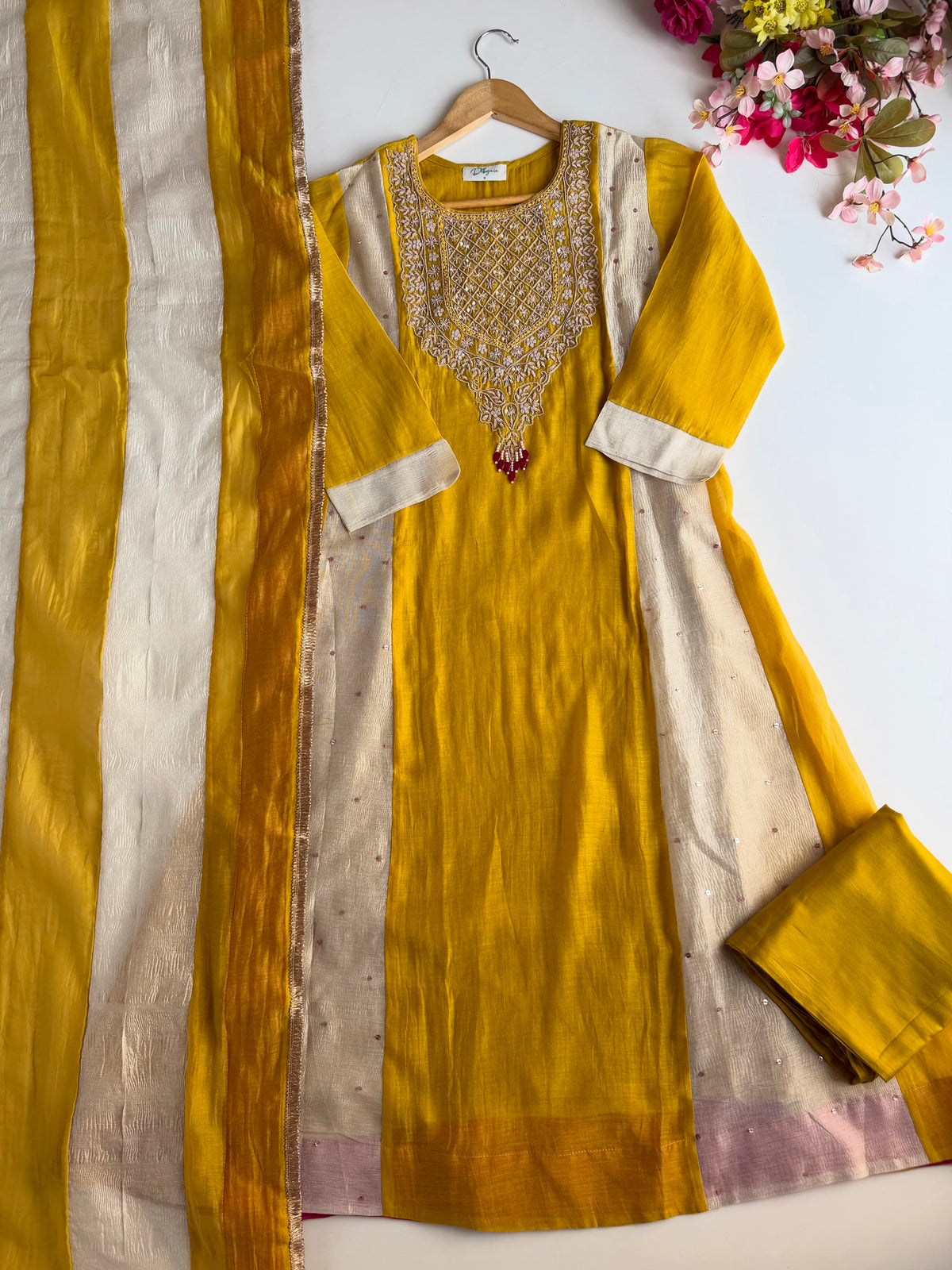 K705 - Pure Banarasi Mul chanderi with tissue silk panelling Anarkali with pants and dupatta - view 3