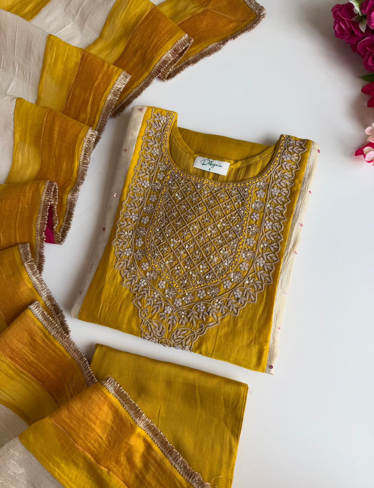 K705 - Pure Banarasi Mul chanderi with tissue silk panelling Anarkali with pants and dupatta