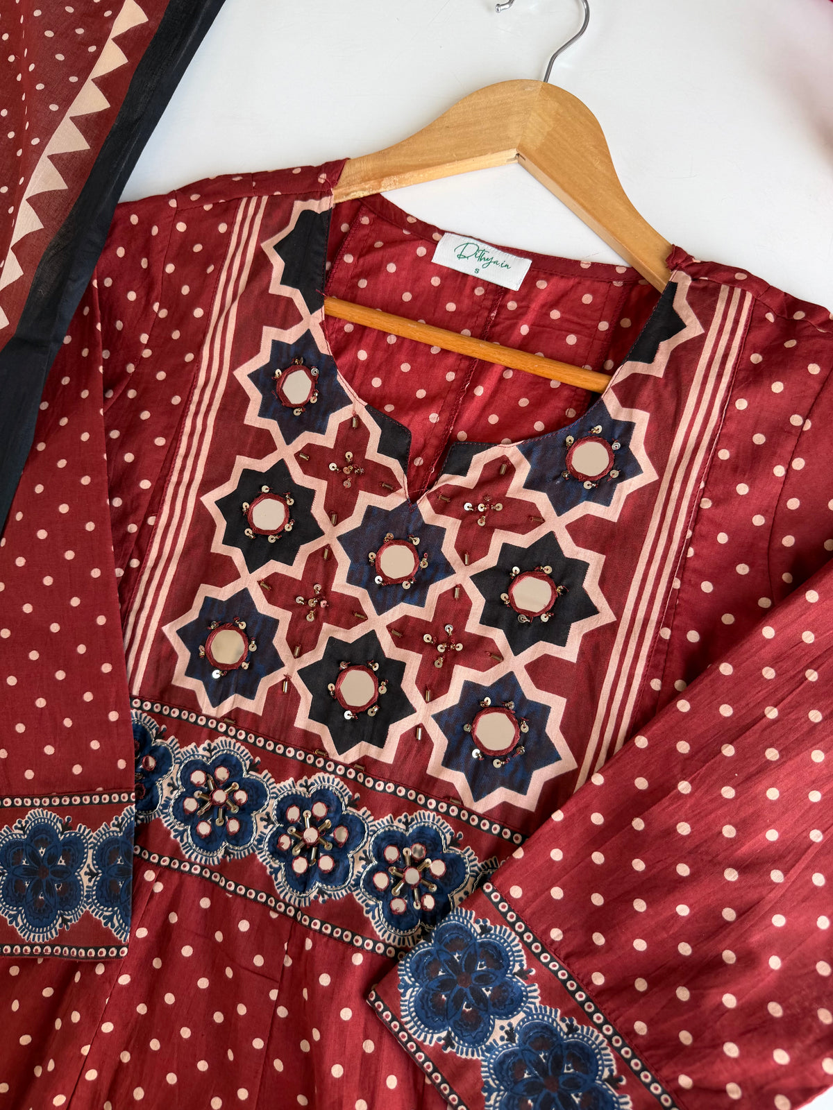 K601 - Mul cotton ajrakh mirror work Anarkali with pants and dupatta - view 3